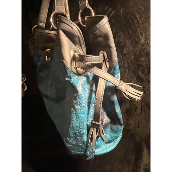 Donald J. Pliner Turquoise Embossed Leather Drawstring Shoulder Bag/ Purse RARE! - Picture 6 of 15